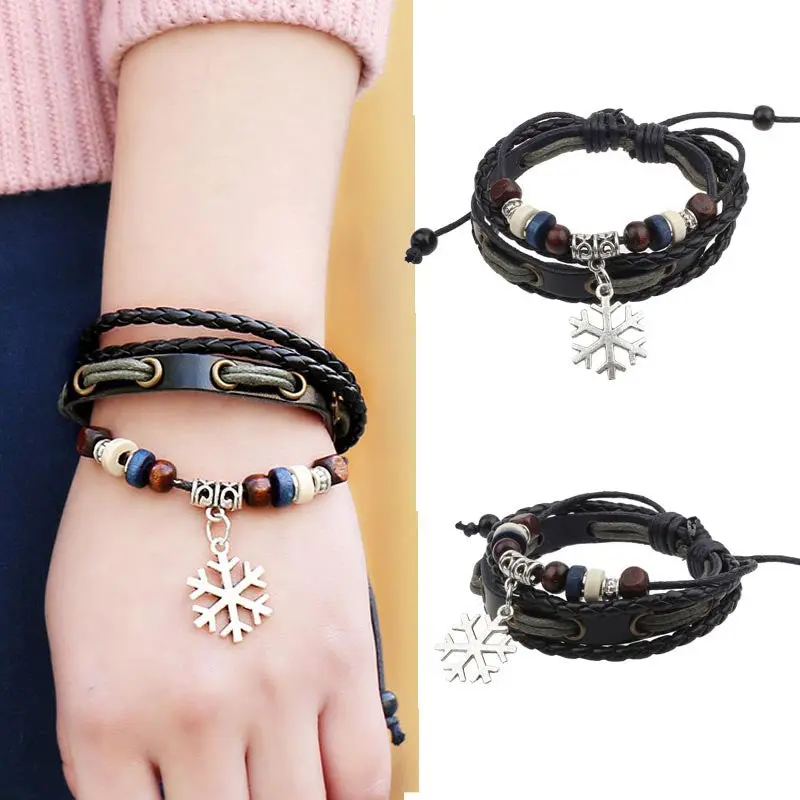 Cute Snowflake Charm Women Retro Chain Beaded Girls Leather Bracelet Jewelry Gifts 1