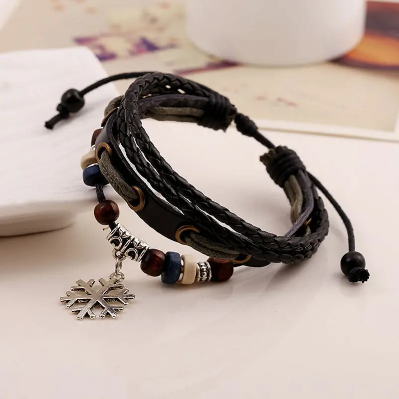 Cute Snowflake Charm Women Retro Chain Beaded Girls Leather Bracelet Jewelry Gifts 2