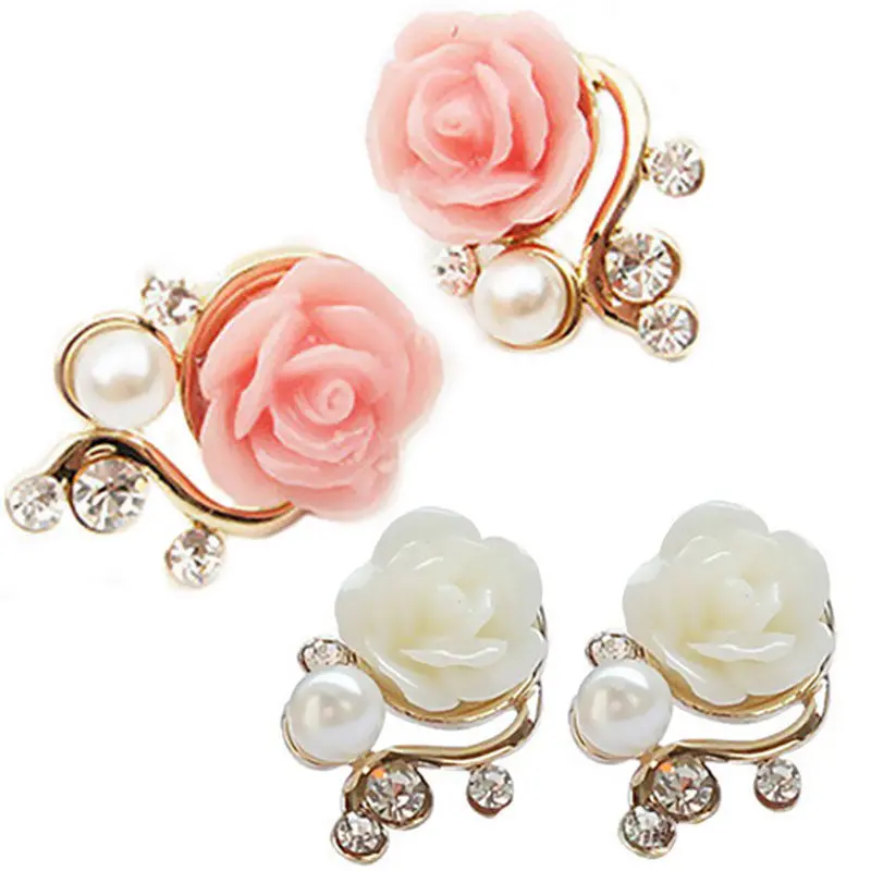 Cute Women's Girls Ladies White Pearl Rose Flower Ear Stud Earrings Stud Fashion Jewelry 2