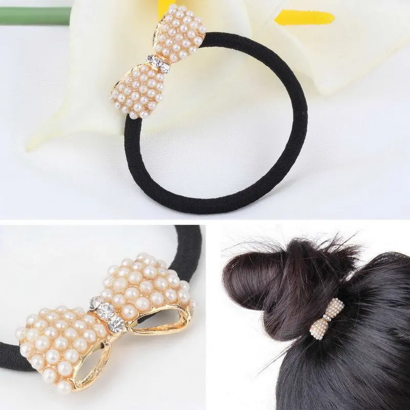 Cuteladies Beads Bowknot Elastic Ponytail Holder Hair Rope Band 1