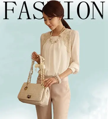 Dames Bloezen Women Lady Vintage Ropa Mujer Long Sleeve Sheer Tops Lace Shirt Chiffon Blouse 1