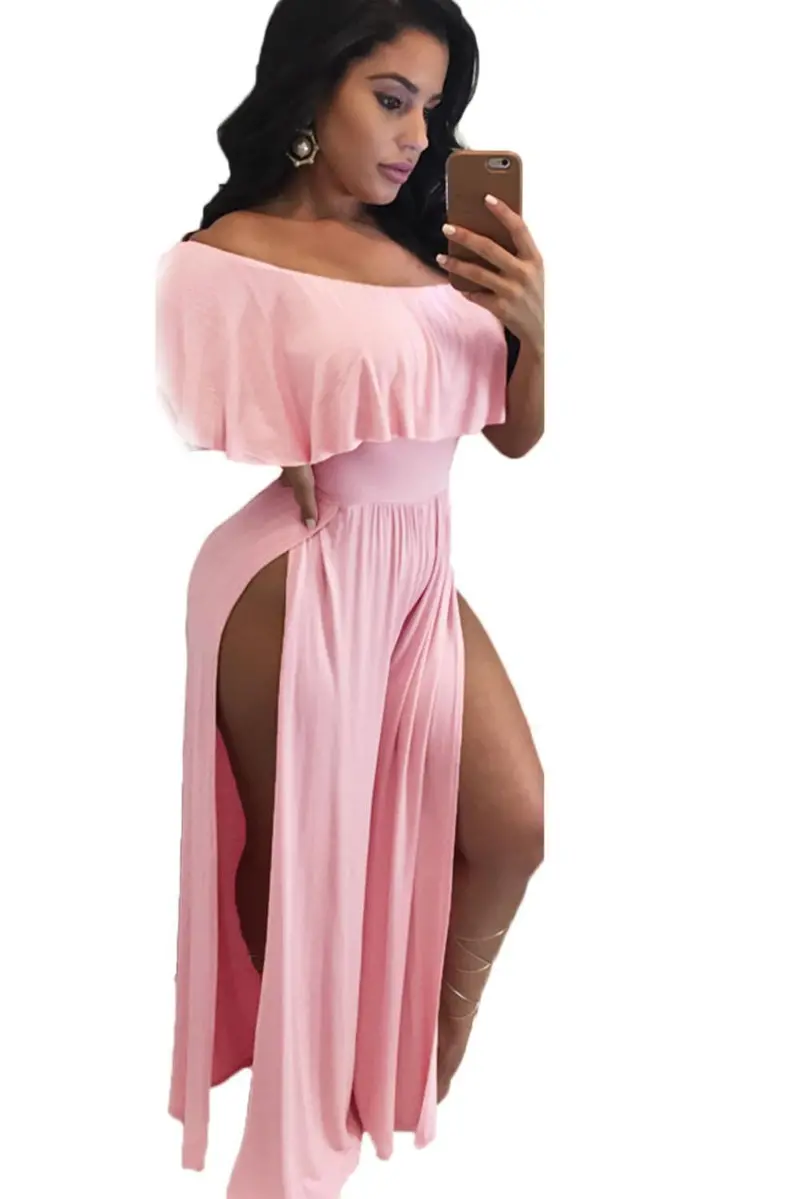 Daring Sexy Off Shoulder Skater Dresses Ruffles With Sleeve High-Slit Party Dresses Long Cheongsam Dress 1