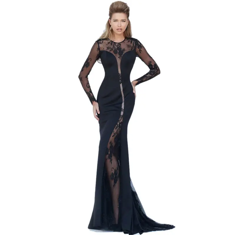 Dark Blue Formal Dress Long Sleeve Sexy Long Sleeve Dress Bodycon Sexy Lace Floor-Length Party Dress 1