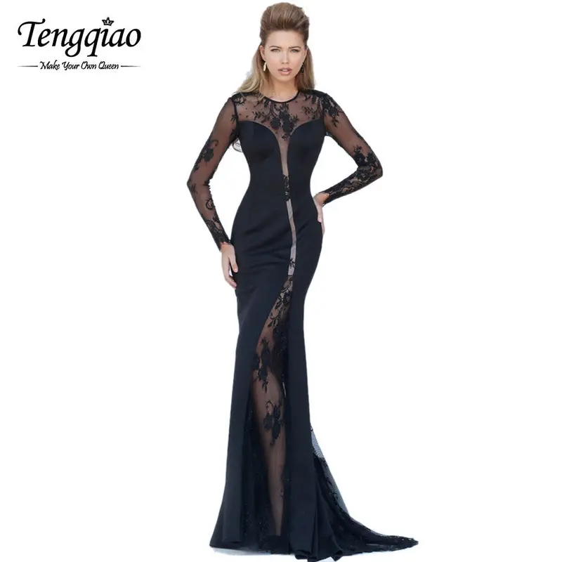 Dark Blue Formal Dress Long Sleeve Sexy Long Sleeve Dress Bodycon Sexy Lace Floor-Length Party Dress 2