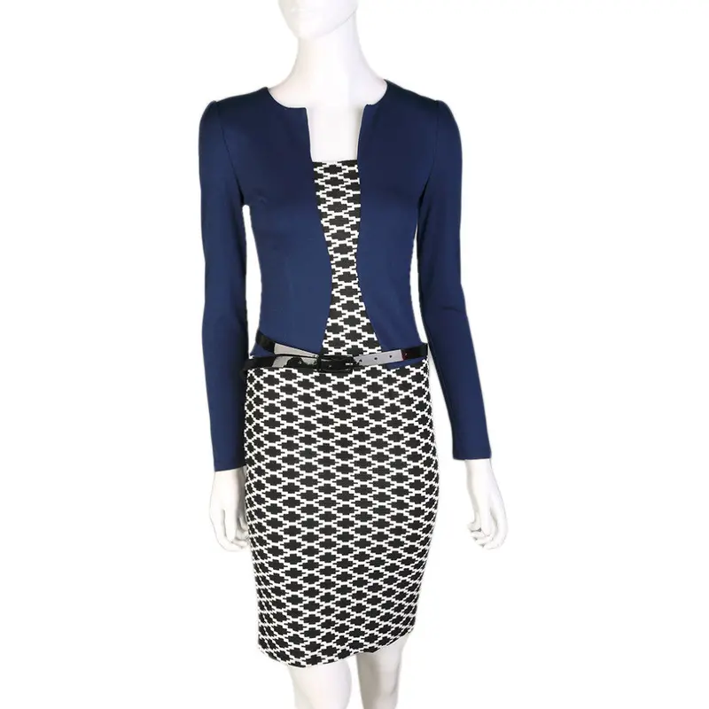 Dark Bluefaux Two Piece Plaid Long Sleeve Pencil Dress Suits With 1
