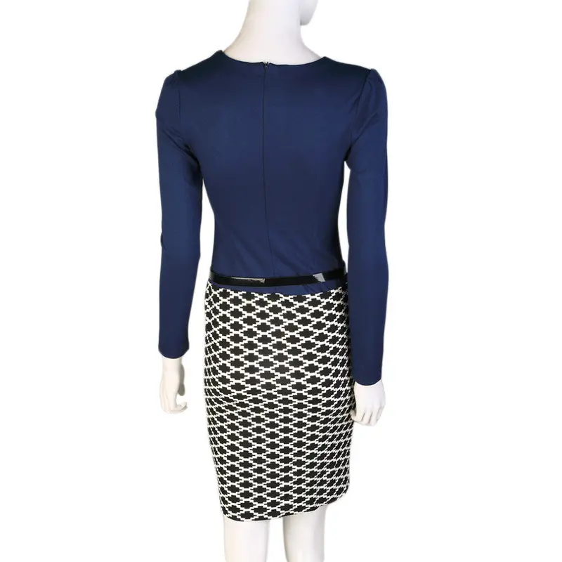 Dark Bluefaux Two Piece Plaid Long Sleeve Pencil Dress Suits With 2
