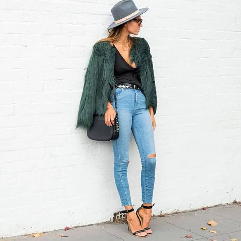 Dark Green Faux Fur Coat Soft Fluffy Warm Women's Coat Plus Size Long Sleeve Furry Jacket Shaggy Coat 2