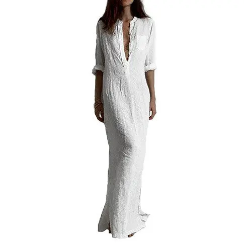 Deep V Neck Elegantsexy Solid Long Sleeve Casual Dress Linen Split Type Floor-Lengthdress 1