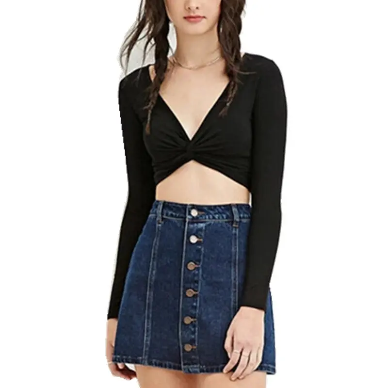 Deep V-Neck Kink Thin Crop Top Long Sleeve Tee Aa Sexy Ladies Short Tshirt Shirt S M L Black Colors 1