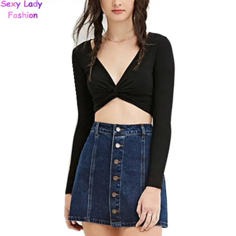 Deep V-Neck Kink Thin Crop Top Long Sleeve Tee Aa Sexy Ladies Short Tshirt Shirt S M L Black Colors 2