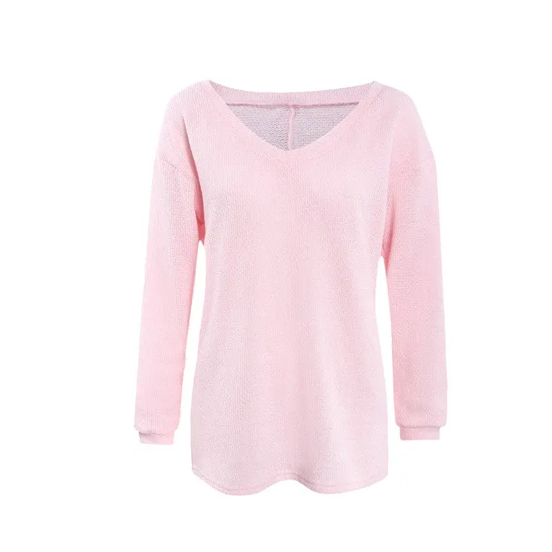 Deep V-Neck Knit Pullover – Long Sleeve Solid Color Casual Sweater in 6 Shades