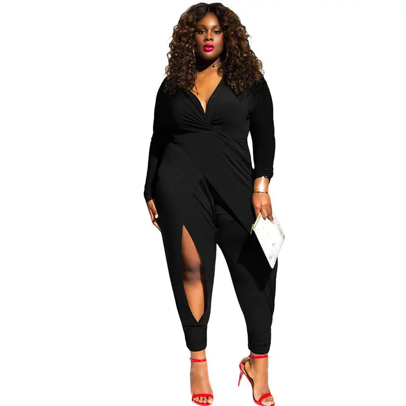 Deep V Neck Plus Size Rompers Jumpsuit Sexy Hollow Out Long Sleeve Plus Size Elegant Jumpsuit Long Pants Xxl Xxxl 1
