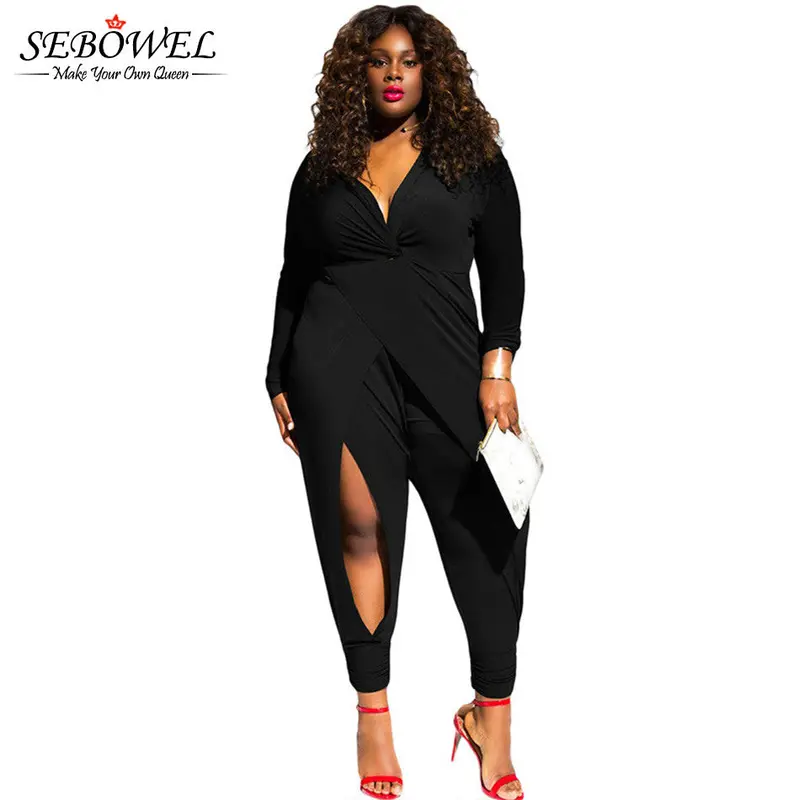 Deep V Neck Plus Size Rompers Jumpsuit Sexy Hollow Out Long Sleeve Plus Size Elegant Jumpsuit Long Pants Xxl Xxxl 2