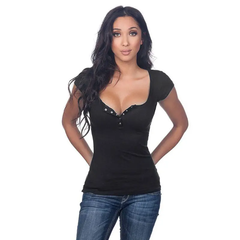 Deep V Neck T Shirt Stretchy Top Short Sleeve Button Up Shirts T-Shirt Plus Size Womens Button Up Tops Femininas Blusas 1