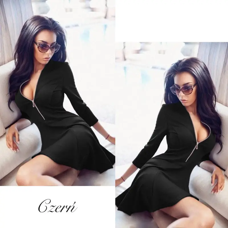 Deep V Neck Women Flare Dress 3/4 Sleeve Sexy Mini Dress Plus Size Zipper Up Party Dresses Vestidos 1