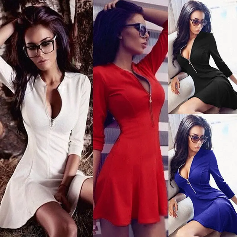Deep V Neck Women Flare Dress 3/4 Sleeve Sexy Mini Dress Plus Size Zipper Up Party Dresses Vestidos 5