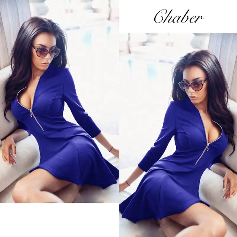 Deep V Neck Women Flare Dress 3/4 Sleeve Sexy Mini Dress Plus Size Zipper Up Party Dresses Vestidos 7