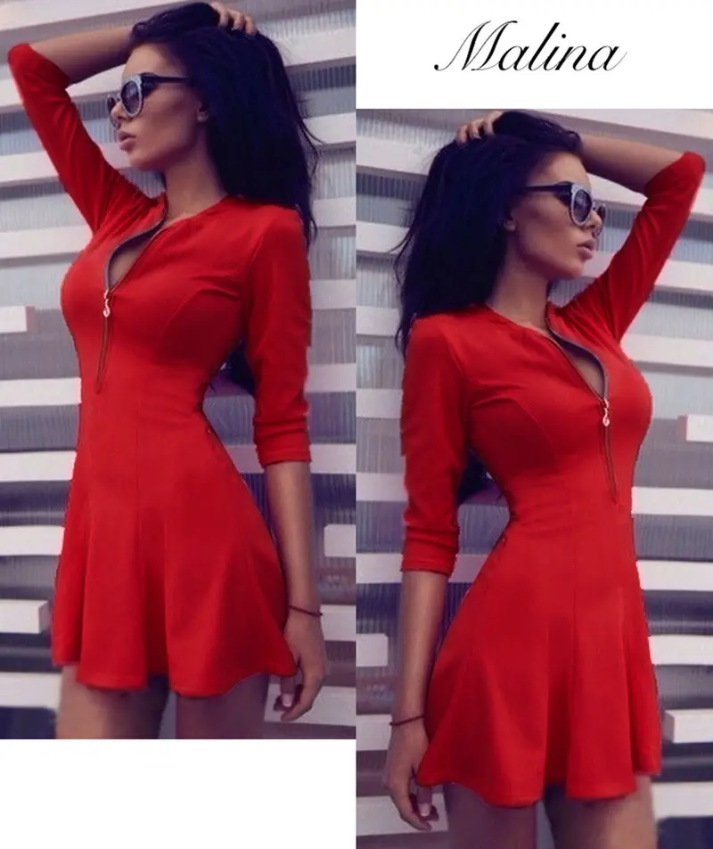 Deep V Neck Women Flare Dress 3/4 Sleeve Sexy Mini Dress Plus Size Zipper Up Party Dresses Vestidos 9