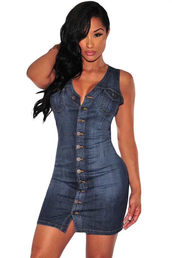Denim Dress With Pockets Blue Short Bodycon Dress Sleeveless Mini Casual Tight Denim Sundress Clothes 1