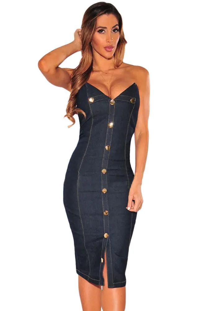 Denim Dresses Overalls Blue Denim Sundress Dress Jeans Ladies Sleeveless Pencil Strapless Midi Dress 1