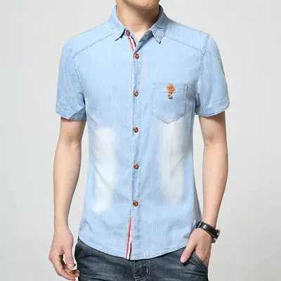 Denim Shirts Casual Cotton Shirtsslim Fits Short Sleeves Shirts Blue Shirts 1