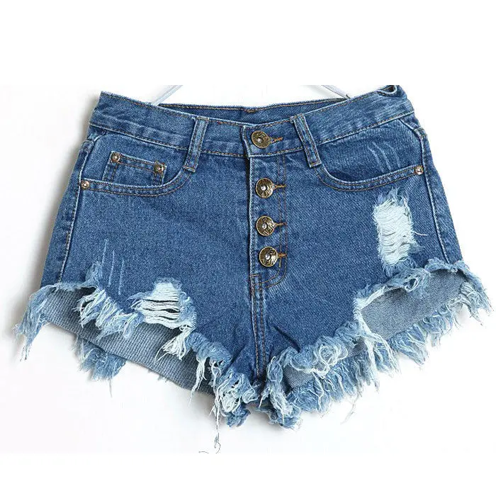 Denim Shorts Women Vintage High Waist Short Jeans Hole Dark Blue Shorts Feida 3