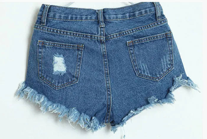 Denim Shorts Women Vintage High Waist Short Jeans Hole Dark Blue Shorts Feida 4