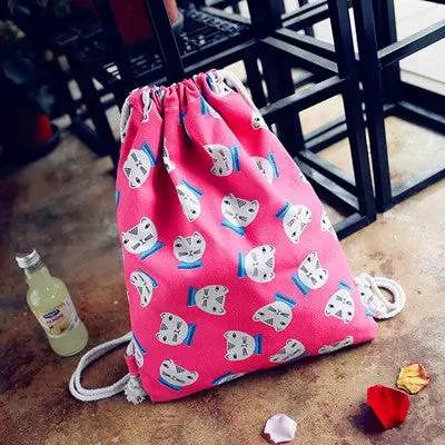 Design Drawstring Backpack 3 Color Cat Pattern Drawstring Bag For Travel Beach Mochila 3