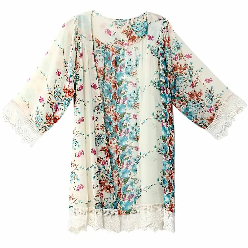 Design Elegant Flowers Print Women's Shirt Beach Cover Chiffon Blouse Blusa Kimono Plus Size 1