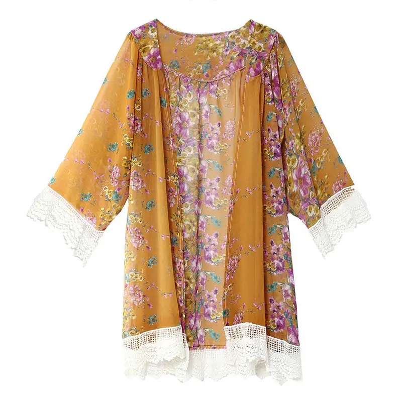 Design Elegant Flowers Print Women's Shirt Beach Cover Chiffon Blouse Blusa Kimono Plus Size 10