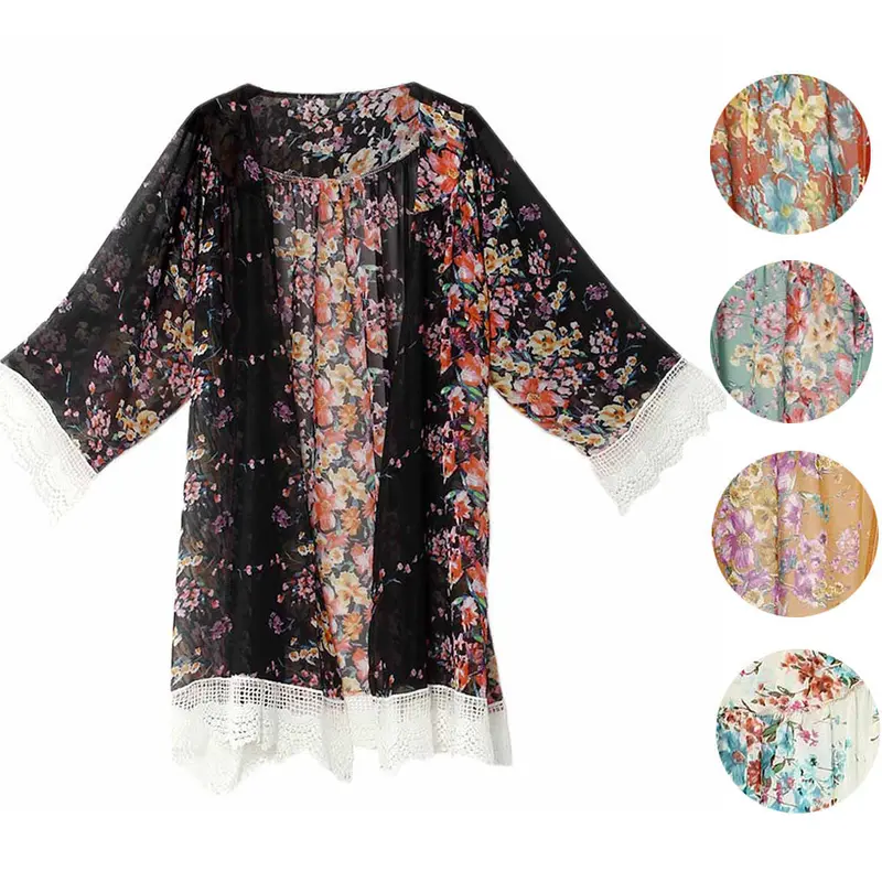 Design Elegant Flowers Print Women's Shirt Beach Cover Chiffon Blouse Blusa Kimono Plus Size 11