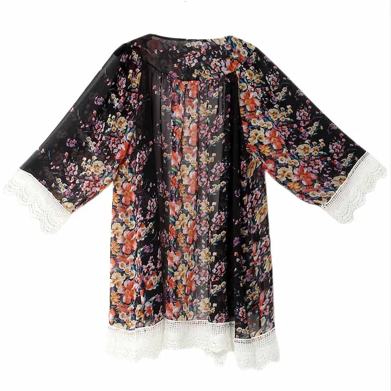 Design Elegant Flowers Print Women's Shirt Beach Cover Chiffon Blouse Blusa Kimono Plus Size 7