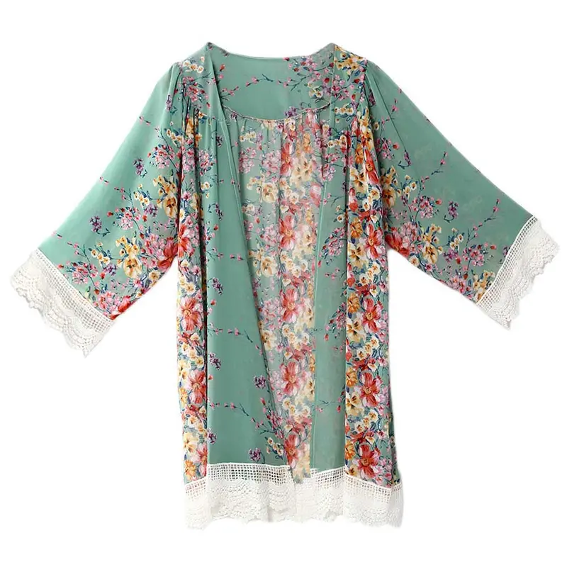 Design Elegant Flowers Print Women's Shirt Beach Cover Chiffon Blouse Blusa Kimono Plus Size 8