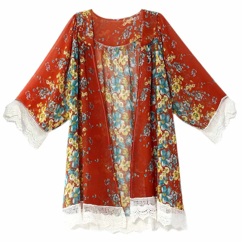 Design Elegant Flowers Print Women's Shirt Beach Cover Chiffon Blouse Blusa Kimono Plus Size 9