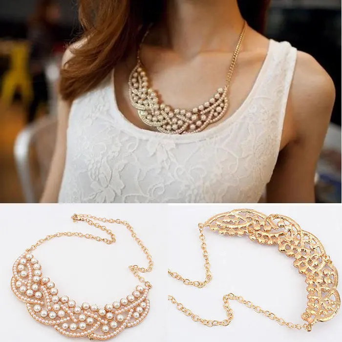 Design Pearl Hallowed Golden Choker Bib Collar Necklace Pendant & Feida 1