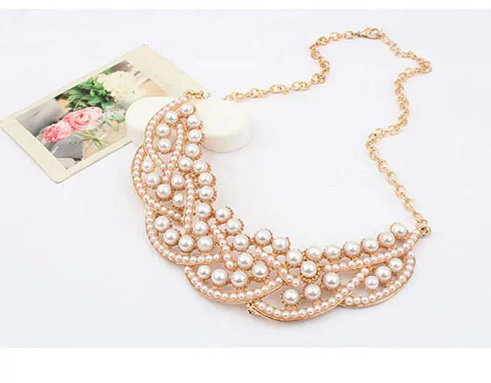 Design Pearl Hallowed Golden Choker Bib Collar Necklace Pendant & Feida 2
