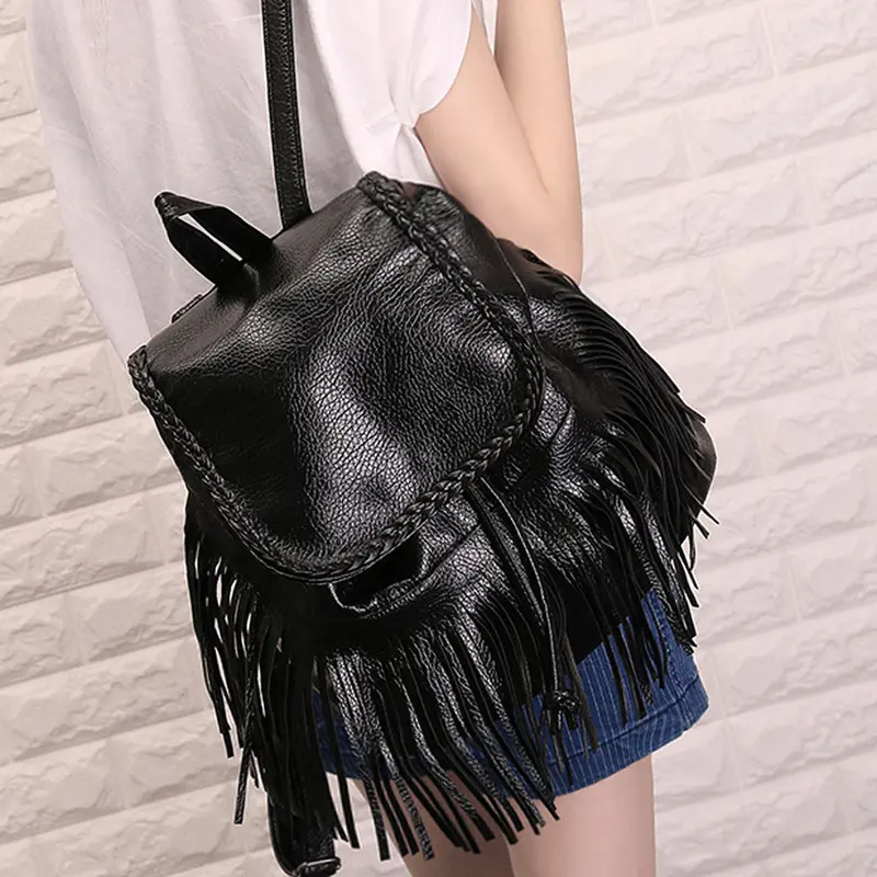Design Pu Leather Women Backpack Casual School Bags For Teenagers Girls Back Packs Tassel Bolsa 2