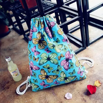 Design Womens Butterfly Canvas Backpack Drawstring Backpack Printing Mochila Feminina 3