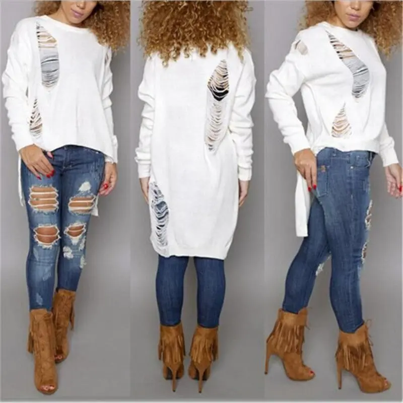 Destroyed Sweaters Knitted Tassel Women Sweaters And Pullovers Long Sleeve Asymmetrical Womens Sweaters 3
