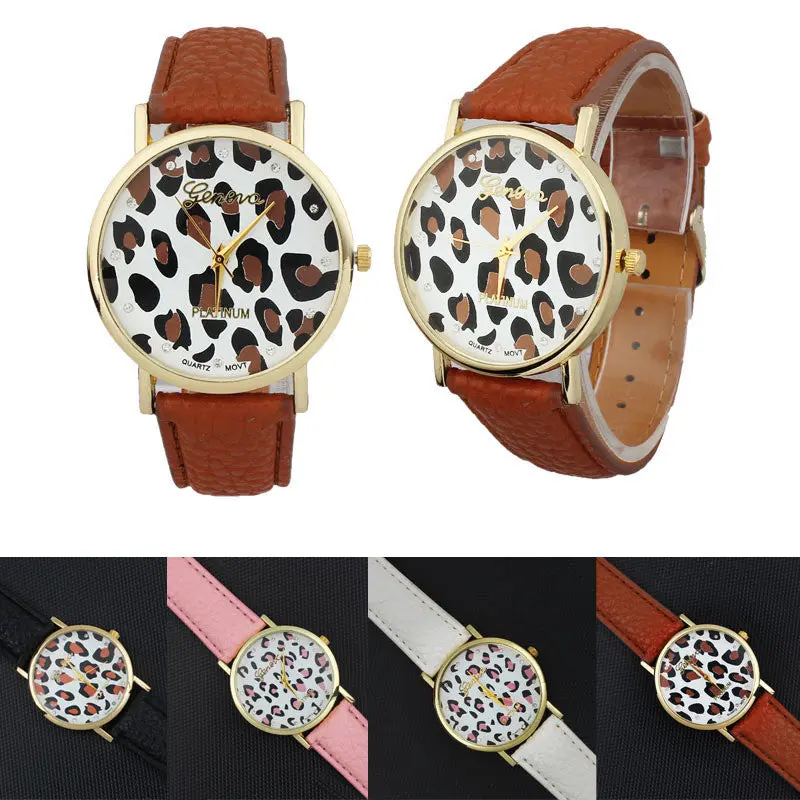 Diamond Women Clock Leopard Printing Pattern Watches Leather Quartz Dial Women Beauty Dress Quartz Wristwatch Hours Promotions 1