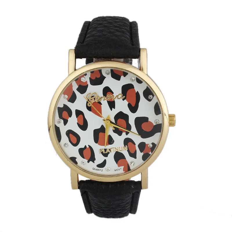 Diamond Women Clock Leopard Printing Pattern Watches Leather Quartz Dial Women Beauty Dress Quartz Wristwatch Hours Promotions 2
