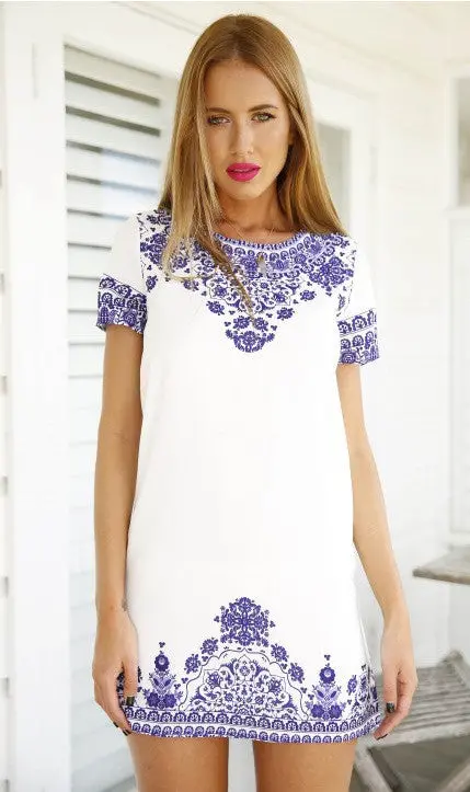 Digital Printing Retro Blue And White Patterned Dress For Sexy Women Vestidos Femininas J2845 1