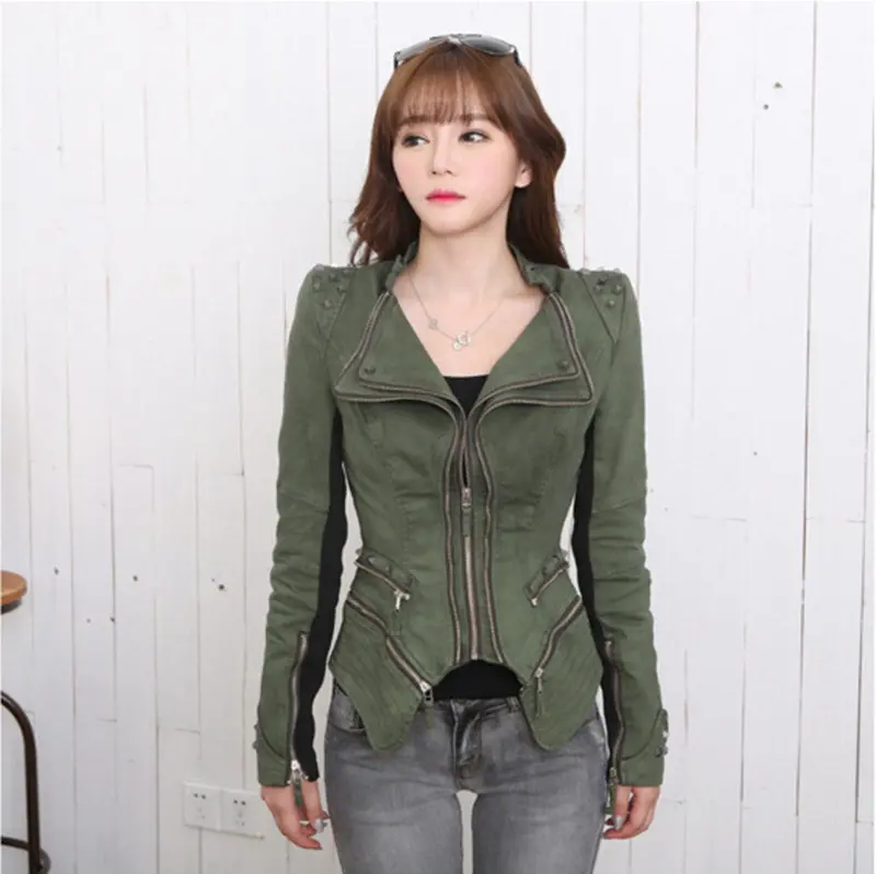 Distressed Denim Jacket for Women – Asymmetrical Biker Style with Rivets, Shoulder Pads, and Dual Lapels