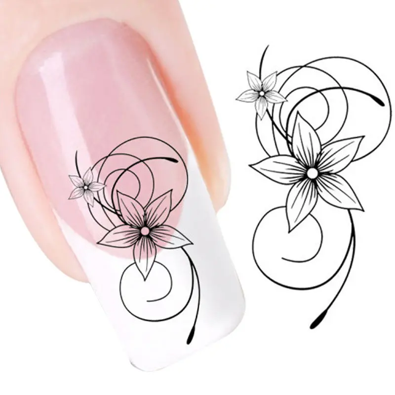 Diy Black Flower Water Transfer Slide Decal Sticker Nail Art Tips To Decoration 1
