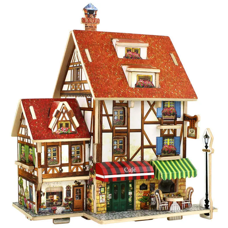 Diy Educational 3D Wood Houses Puzzle Kids Wooden Toy House Cfee Lodge House Home Puzzle Model House 1