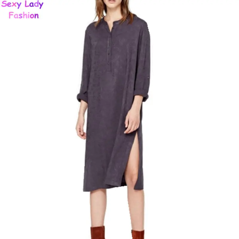 Dobby Side Slit Shirt Dress Women Stand Collar Roll Up Long Sleeve Split Midi Dresses Jacquard 2