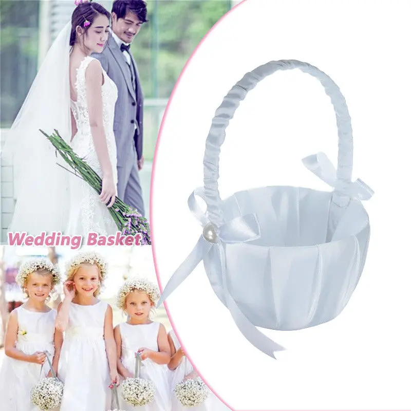 Double Heart Wedding Flower Girl Basket Rhinestone Decor Lovely White 87635 1