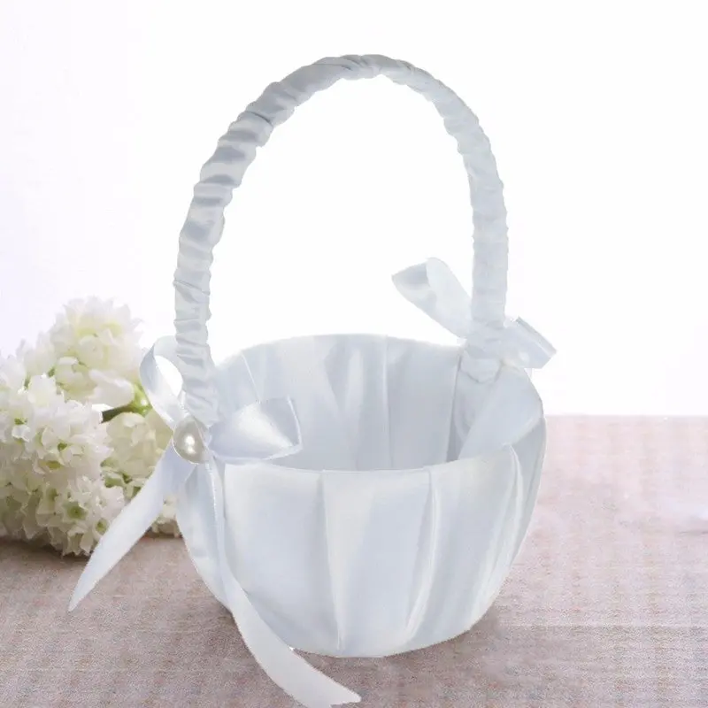 Double Heart Wedding Flower Girl Basket Rhinestone Decor Lovely White 87635 2