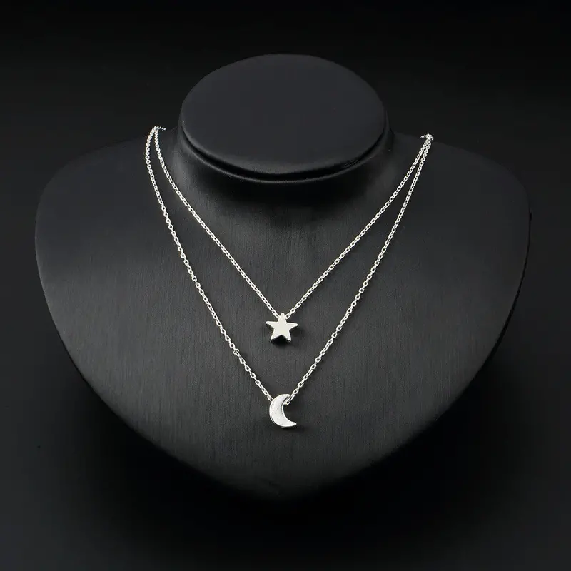 Double Layers Sweater Chain Moon Star Charm Necklace Pendant Gift 1