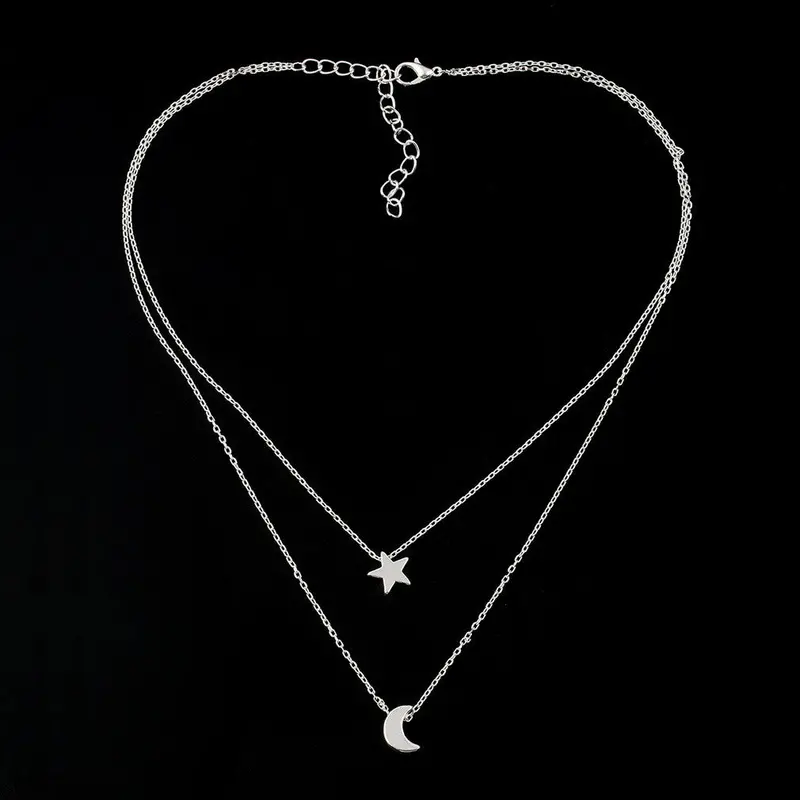 Double Layers Sweater Chain Moon Star Charm Necklace Pendant Gift 2